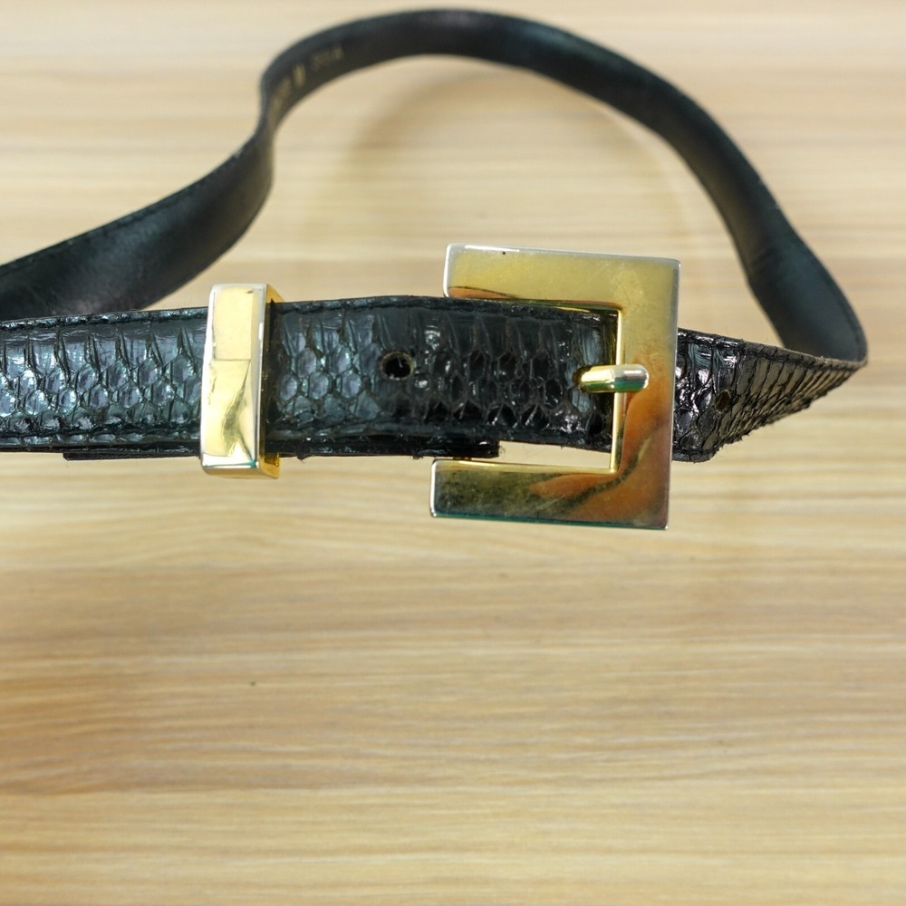 Vintage Exotic Snakeskin Belt S Black Womens Chunky Gold Buckle Boho Party SHEKA